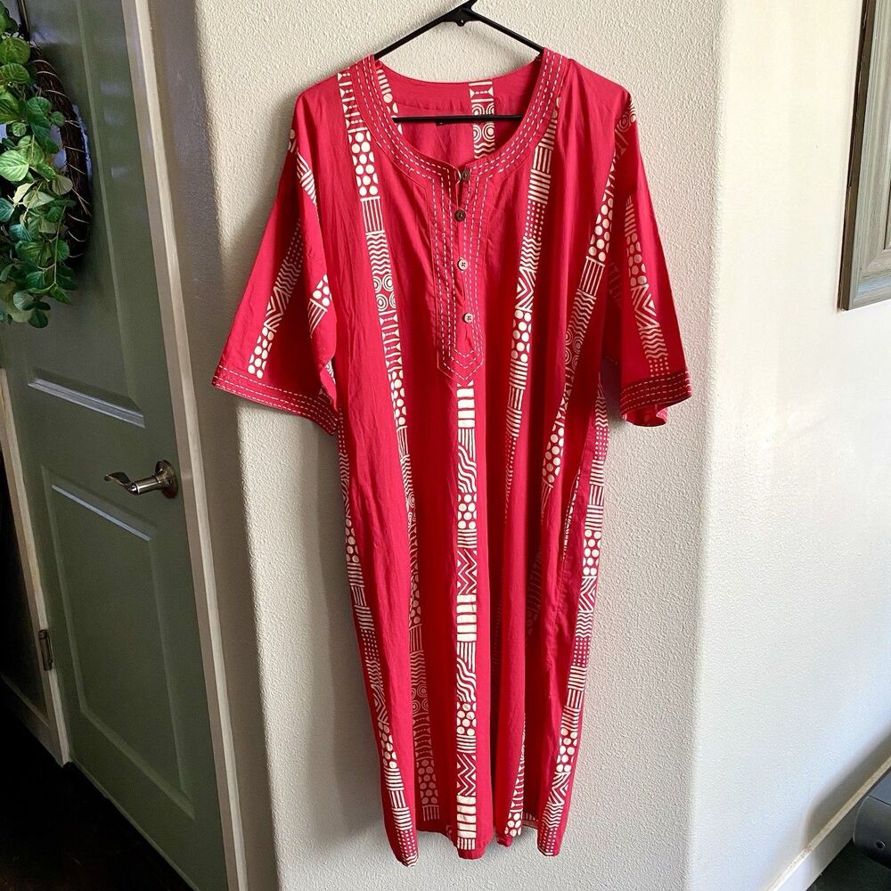 Gudrun Sjoden Organic Cotton Hawaiian Tribal Kaftan Dress Red Size Small